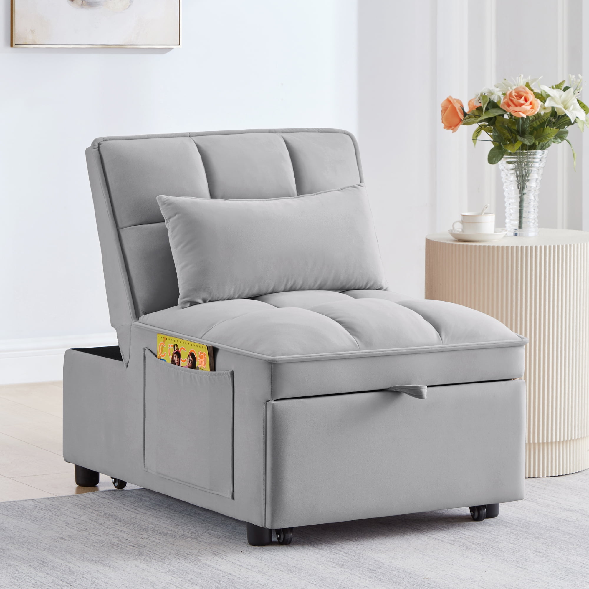 Miniyam 4 in 1 Tufted Single Pull-out Sofa Bed, Convertible Chaise Lounge, Gray