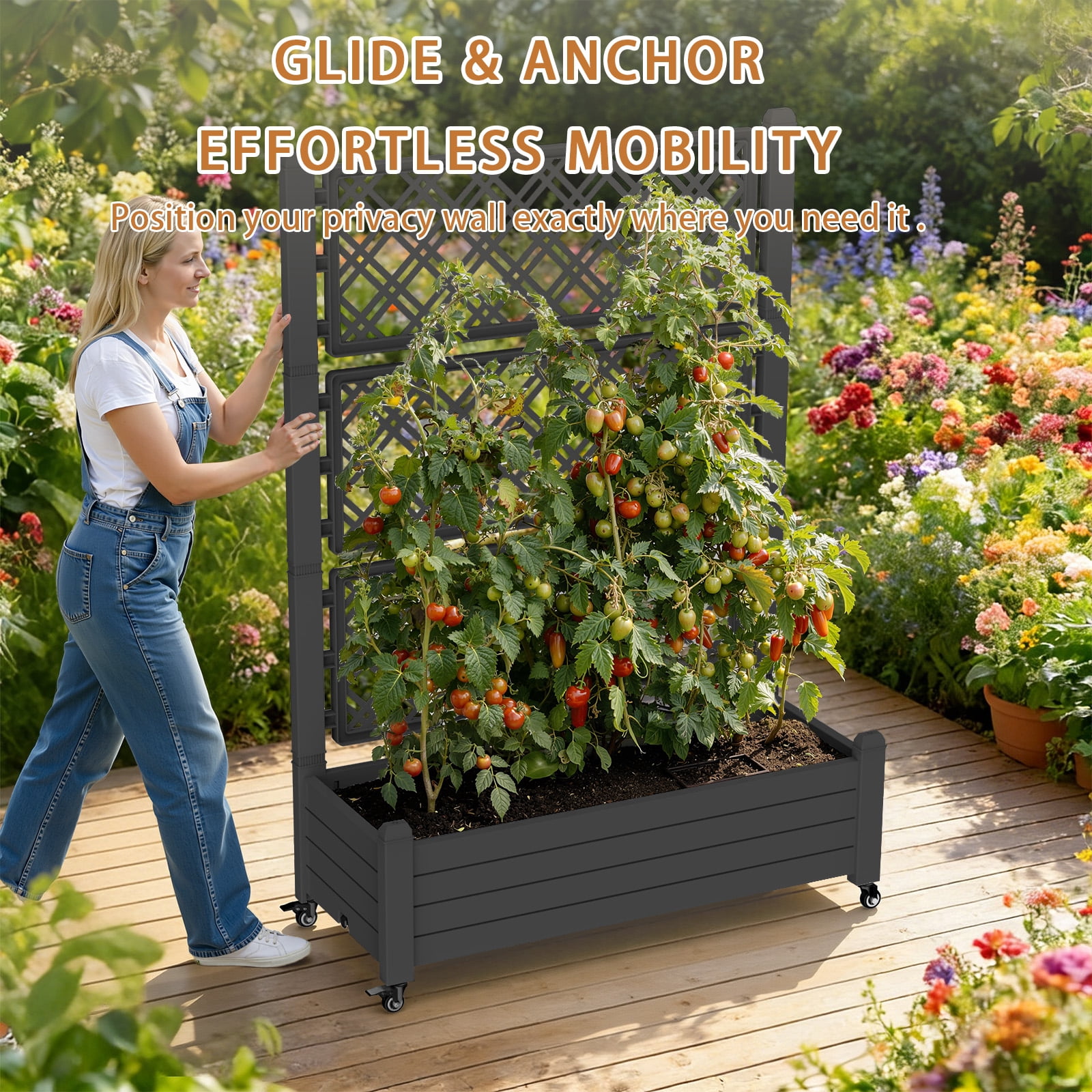 Fazzn Raised Garden Bed with Trellis, Large Outdoor Planter Trellis Box with Drainage Holes and Wheels for Climbing Plants.(Black）