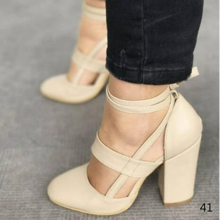 

Women Chunky Heels Sandals Pointed Toe PU Leather Female Sandals for Summer 41