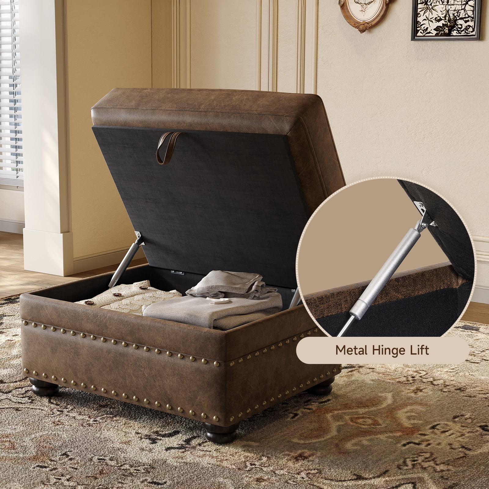 Faux Leather Ottoman with Storage, Nailhead Footrest Stool for Living Room, Brown