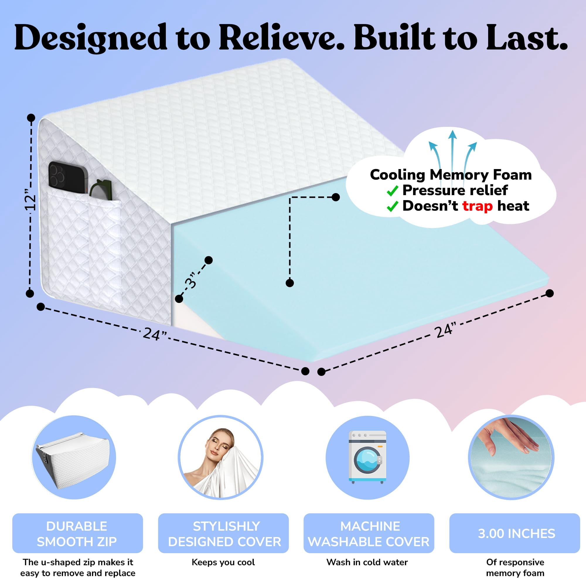 12" Bed Wedge Pillow For Sleeping After  Support Leg Elevation Acid Reflux Neck Sleep 3.0" Memory Foam Top Triangle Incline