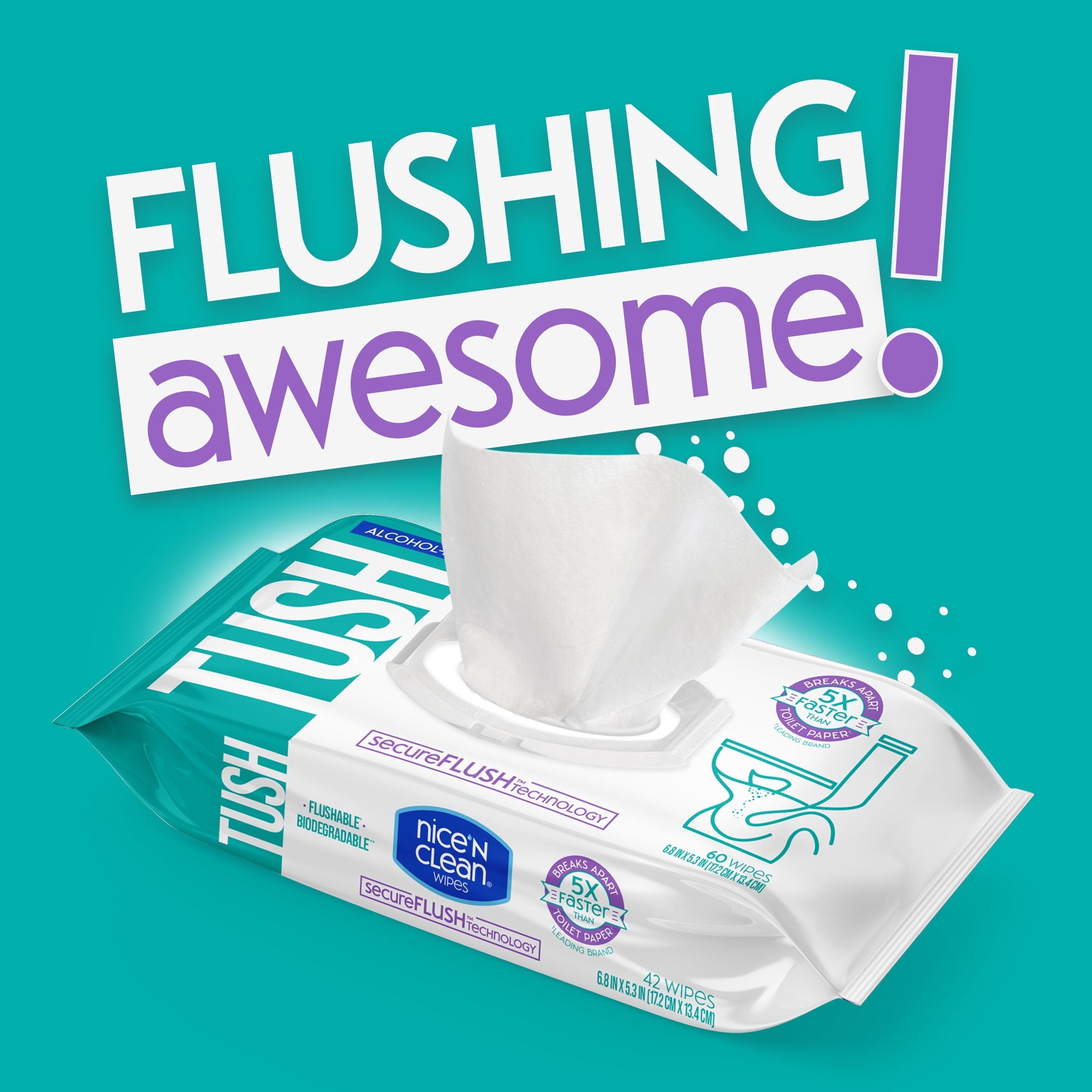 Nice 'N CLEAN SecureFLUSH Alcohol Free Flushable Wipes, Gentle for Sensitive Skin, 3 Flip-Top Packs (126 Total Wipes)