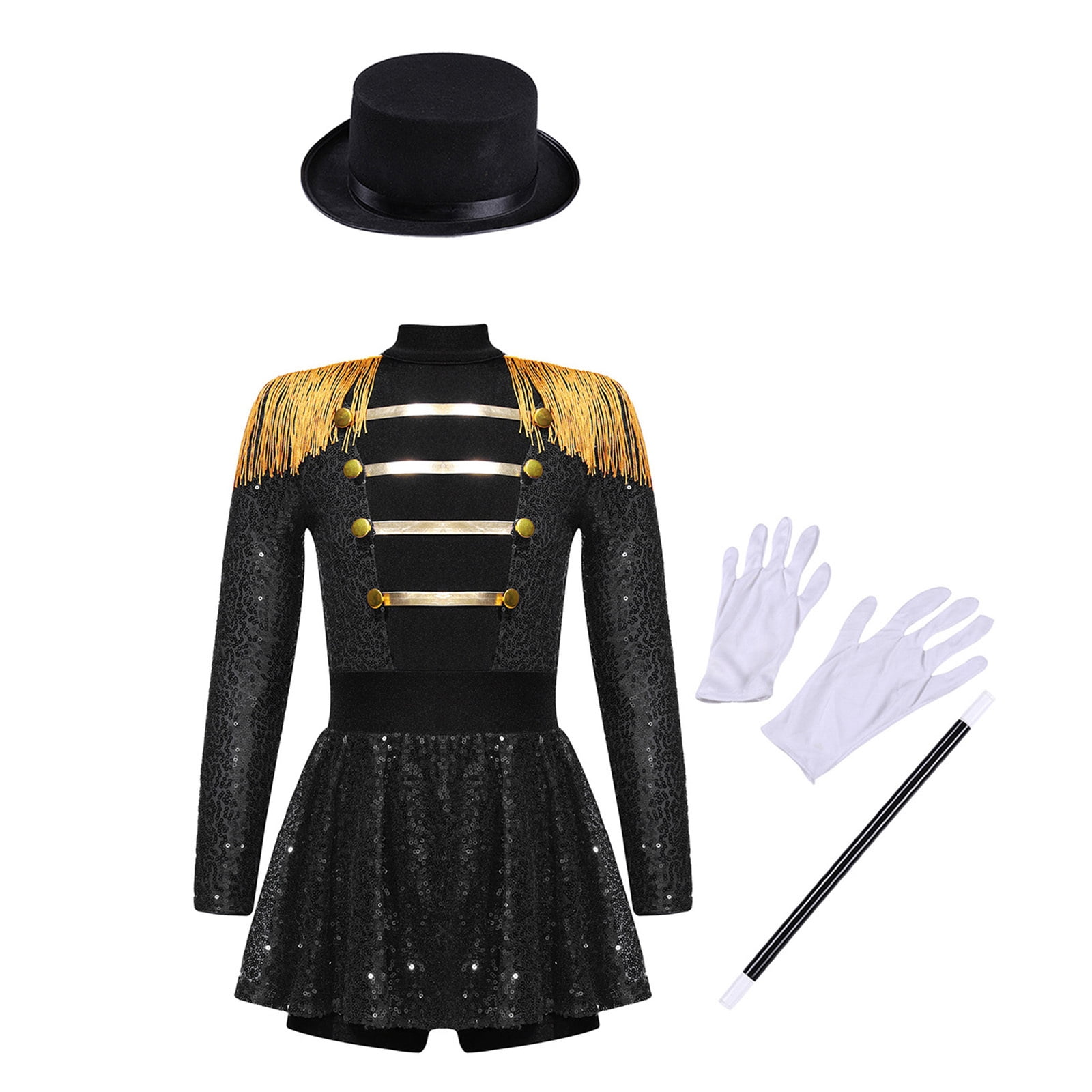iiniim Girls Circus Ringmaster Jumpsuit Shiny Sequins Performance Leotard Dress Magician Outfits Black 10