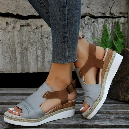 

Wavsuf Wedge Sandals for Women Solid Beach Casual Summer Gray Sandals Shoes Size 7.5