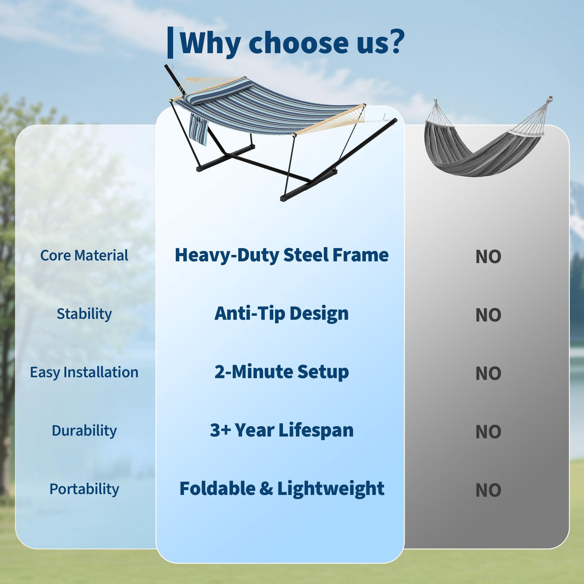 Double Hammock with Stand for Outdoor, Heavy Duty Portable 2 Person Hammock with Adjustable Steel Stand for Patio, Garden, Beach, Backyard