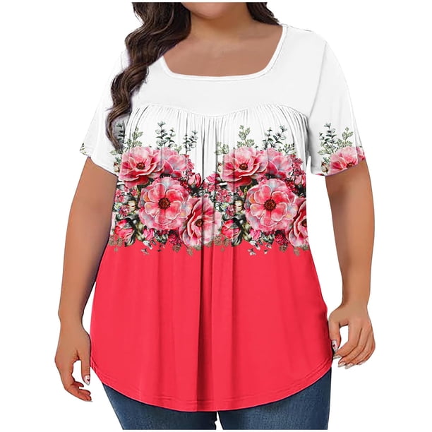 Tops Cortos para las Mujeres Impreso Cuello de Gran Tamaño Plisado Manga Corta Suelta Superior en Tamaños Más L-5xl