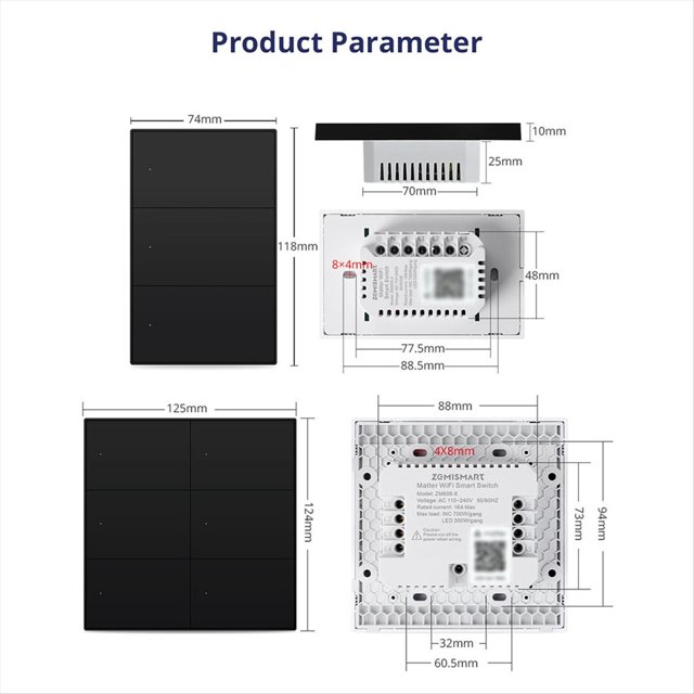 Interruptor Inteligente de Pared Matter WiFi con 6 Botones para APP.