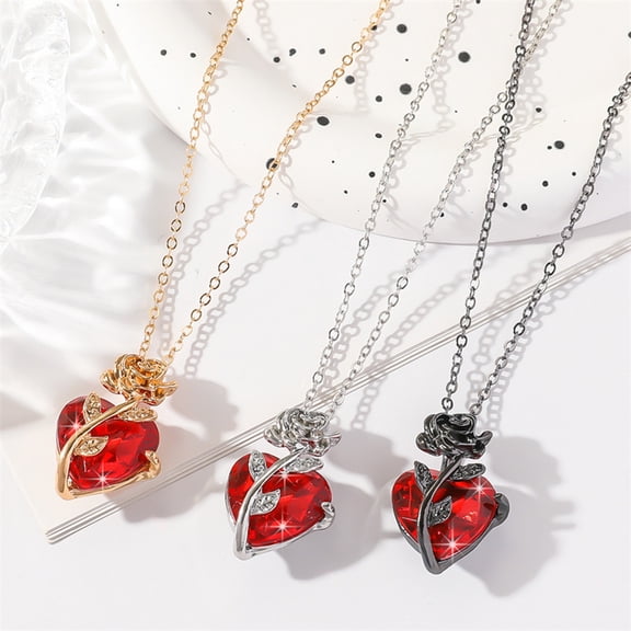 SmartBy Dark Red Faux Crystal Rose Pendant Necklace for Women Zircon Love Heart Flower Choker Gothic Punk Jewelry for Dating Daily Wear Banquet Party