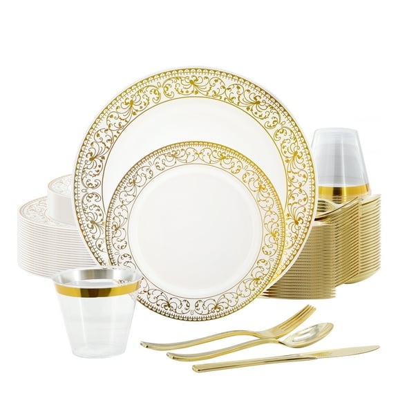 Elama 150 Piece Disposable Plastic Dinnerware Party Set for 25 Guests in White with Gold Decal Trim