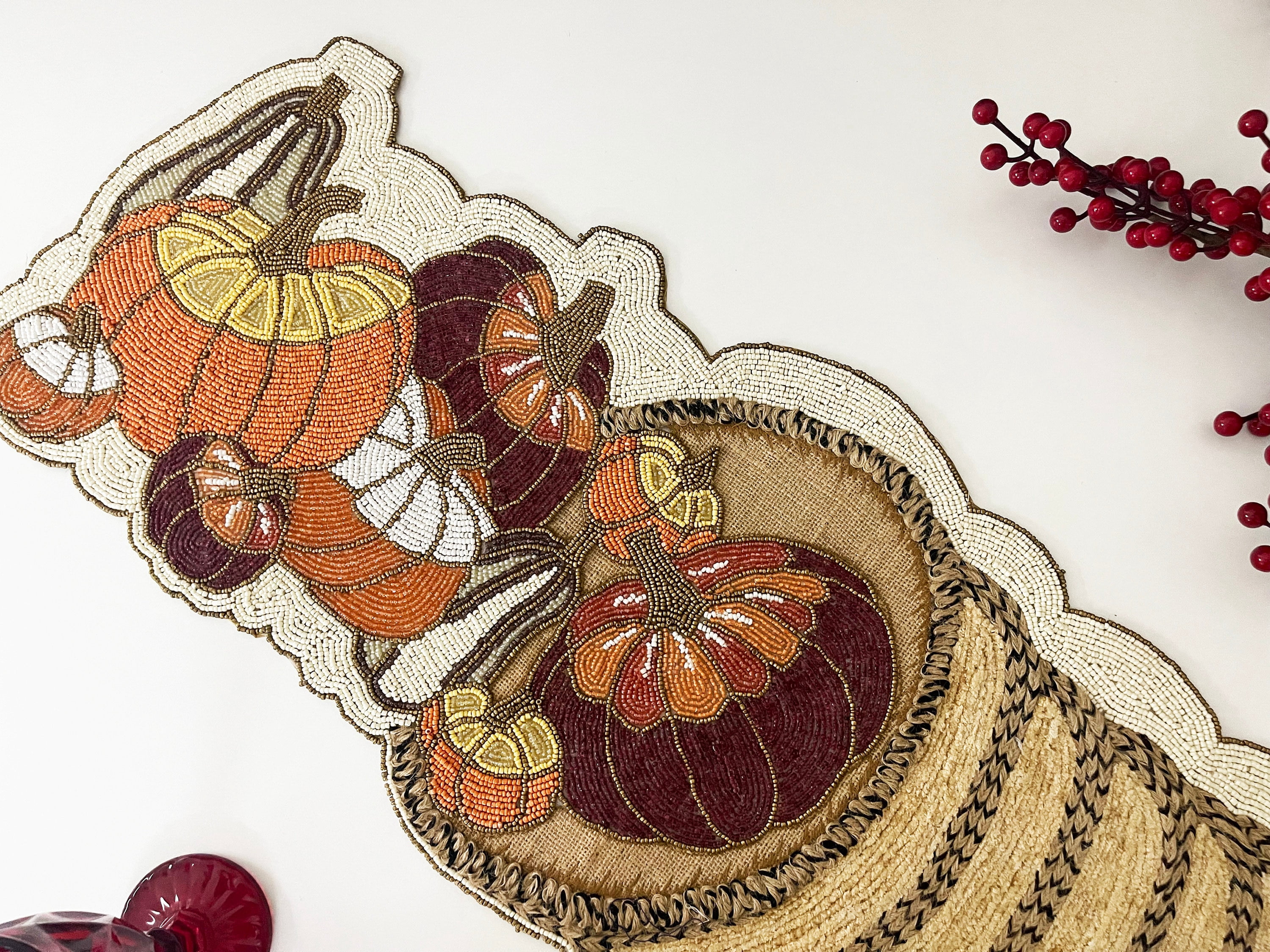 Handmade bead table runner, multicolour pumpkin fall runner, beaded, embroidery and thread work