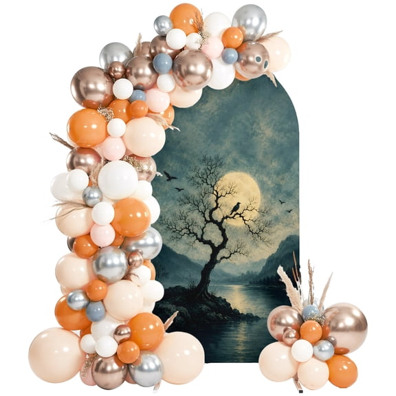 Halloween Arch Backdrop Cover 7.2 FT, Lakeside Bare Tree Full Moon Landscape Oil Painting Wedding Arch Cover Stretchy Backdrop Stands Covers for Birthday Party Ceremony Banquet Decor