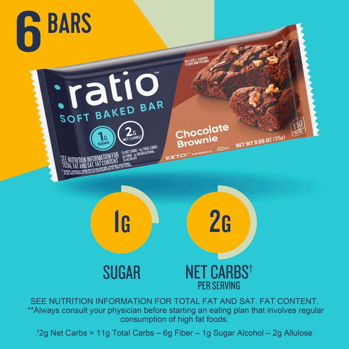 Ratio Soft Baked Bars, Chocolate Brownie, 1g Sugar, Keto Friendly, 5.34 oz (6 Bars)