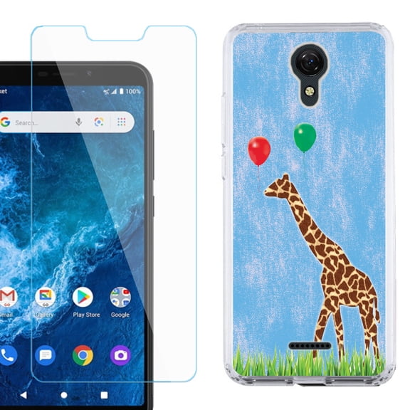 Slim-Fit Protective Phone Case compatible with Cricket Icon 2, with Tempered Glass Screen Protector, by OneToughShield ® - Giraffe/Balloon