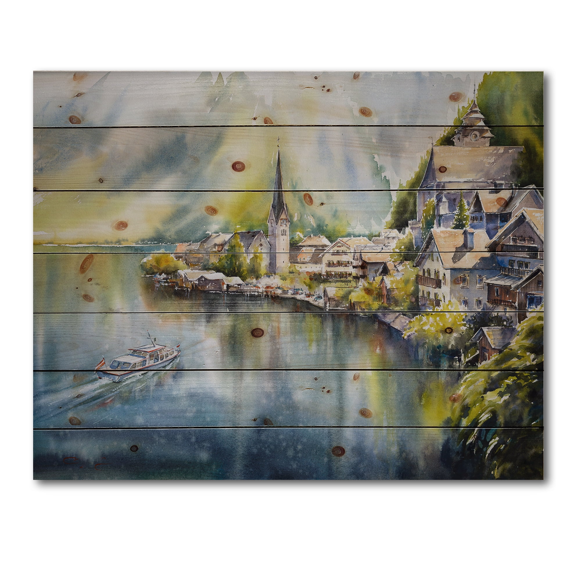 Designart 'The River In Austria Through Mountain Village' Nautical & Coastal Print on Natural Pine Wood