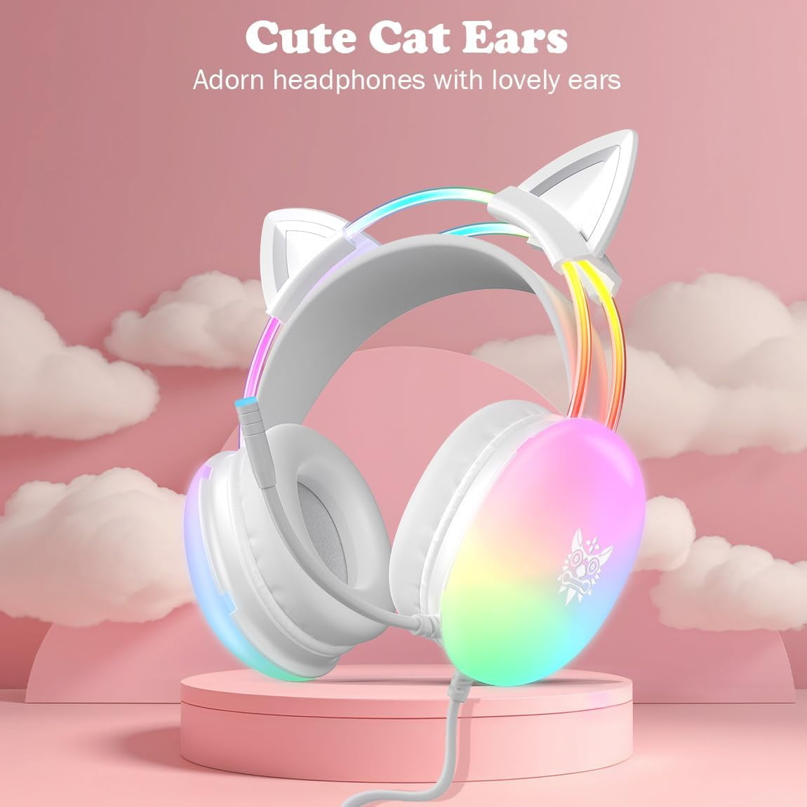 ONIKUMA RGB Cat Ear Gaming Headset with Mic, Wired Gaming Headphones for PC, Switch & Laptop with Surround Sound