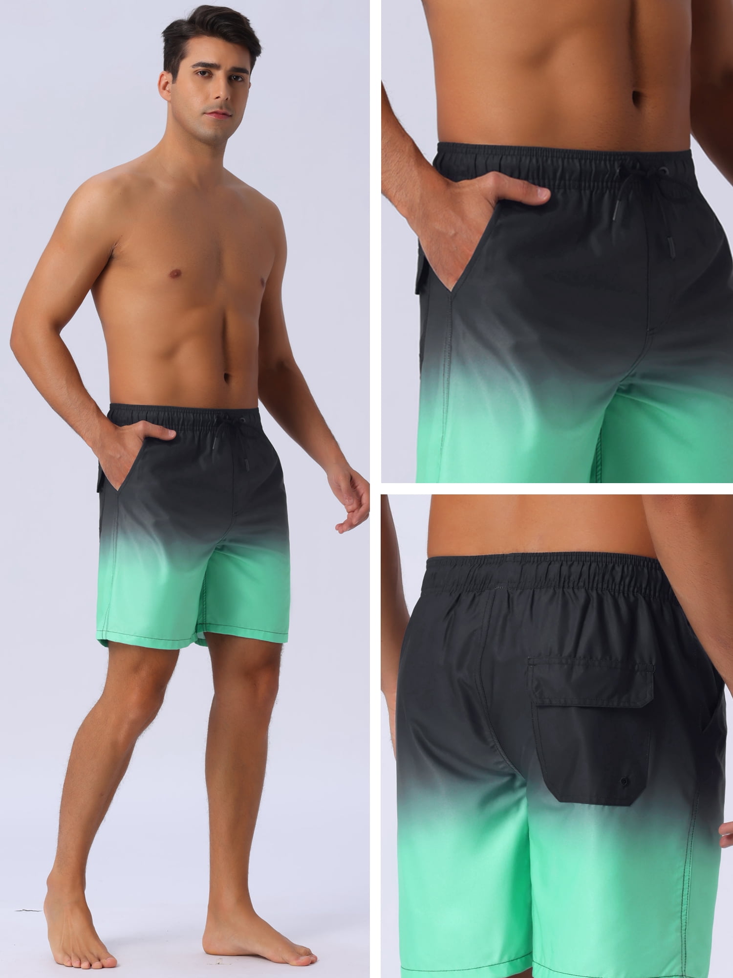 DARING DIVA Men's Gradient Color Drawstring Elastic Waist Lining Swimming Trunks 28 Light Green