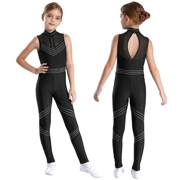 Hansber Full Body Jumpsuit for Girls Long Sleeves Skating Romper Bodysuit Tumbling Dance Leotard Biketards Black 10