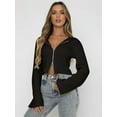 thumbnail image 2 of Womens Fall Trendy Double Zip Up Long Sleeve Soft Knit Light-Weight Cropped Cardigan Sweaters Black XL, 2 of 5