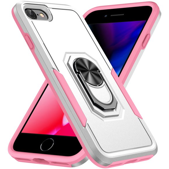 iPhone 7 Case, iPhone 8 Case, iPhone SE Case, 360 ?Rotate Ring Stand Rugged Lightweight Slim Impact-Resistant Full Body Shockproof Protective Bumper Case For iPhone 7 / 8 / SE 2020,White + Pink