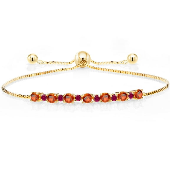 Gem Stone King 1.43 Ct Orange Sapphire Red Created Ruby 18K Yellow Gold Plated Silver Adjustable Tennis Bracelet for Women up to 9 inch
