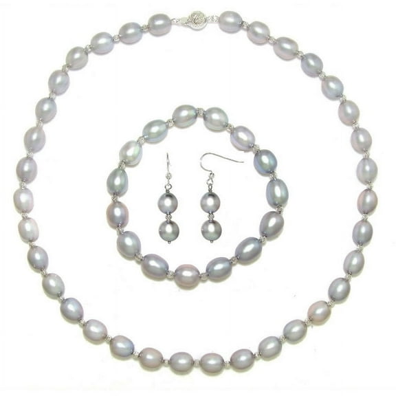 ADDURN 8x9mm Grey Rice Shape Freshwater Pearl Necklace Sterling Silver Chain 18" with Ball Clasp, Stretch Bracelet, Earring, Silver Beaded