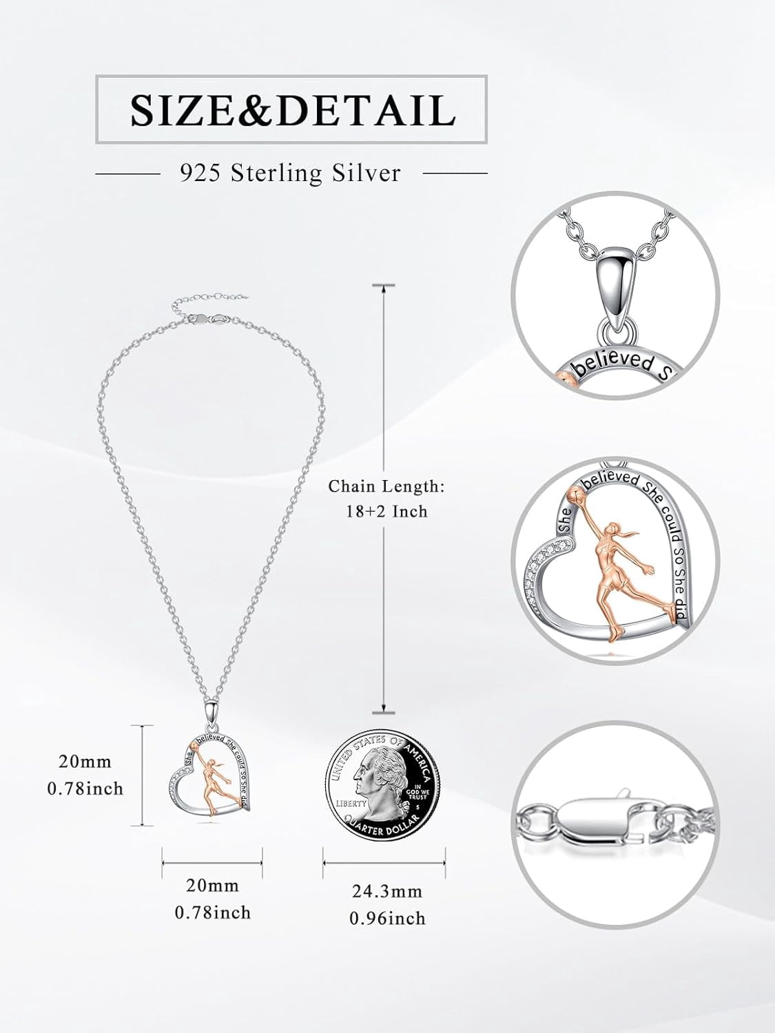 Basketball Necklace 925 Sterling Silver Basketball Heart Pendant Necklace Jewelry Gifts for Sports Lovers