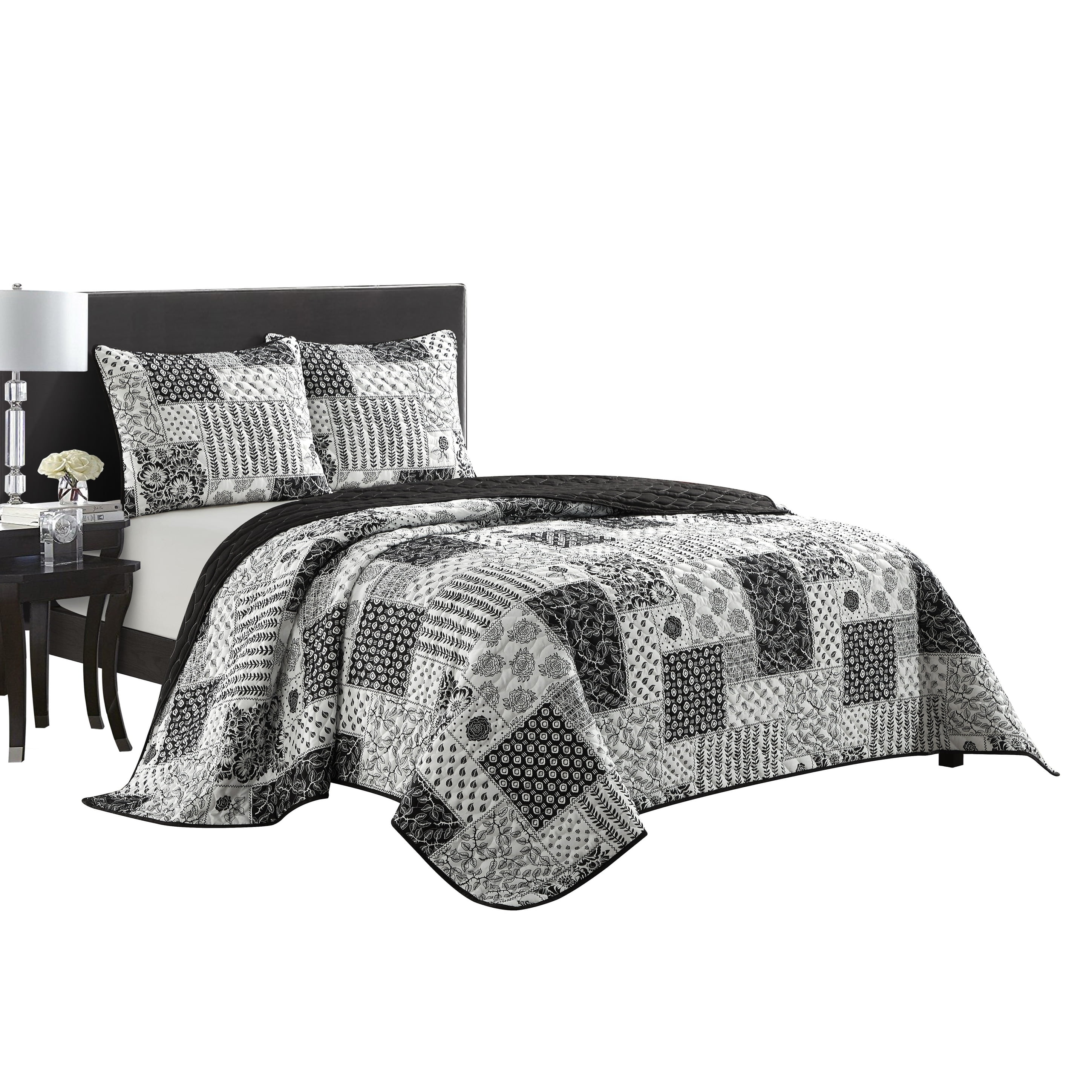 Nanshing Quinn 3 Piece Patchwork Black & White Quilt Set Queen