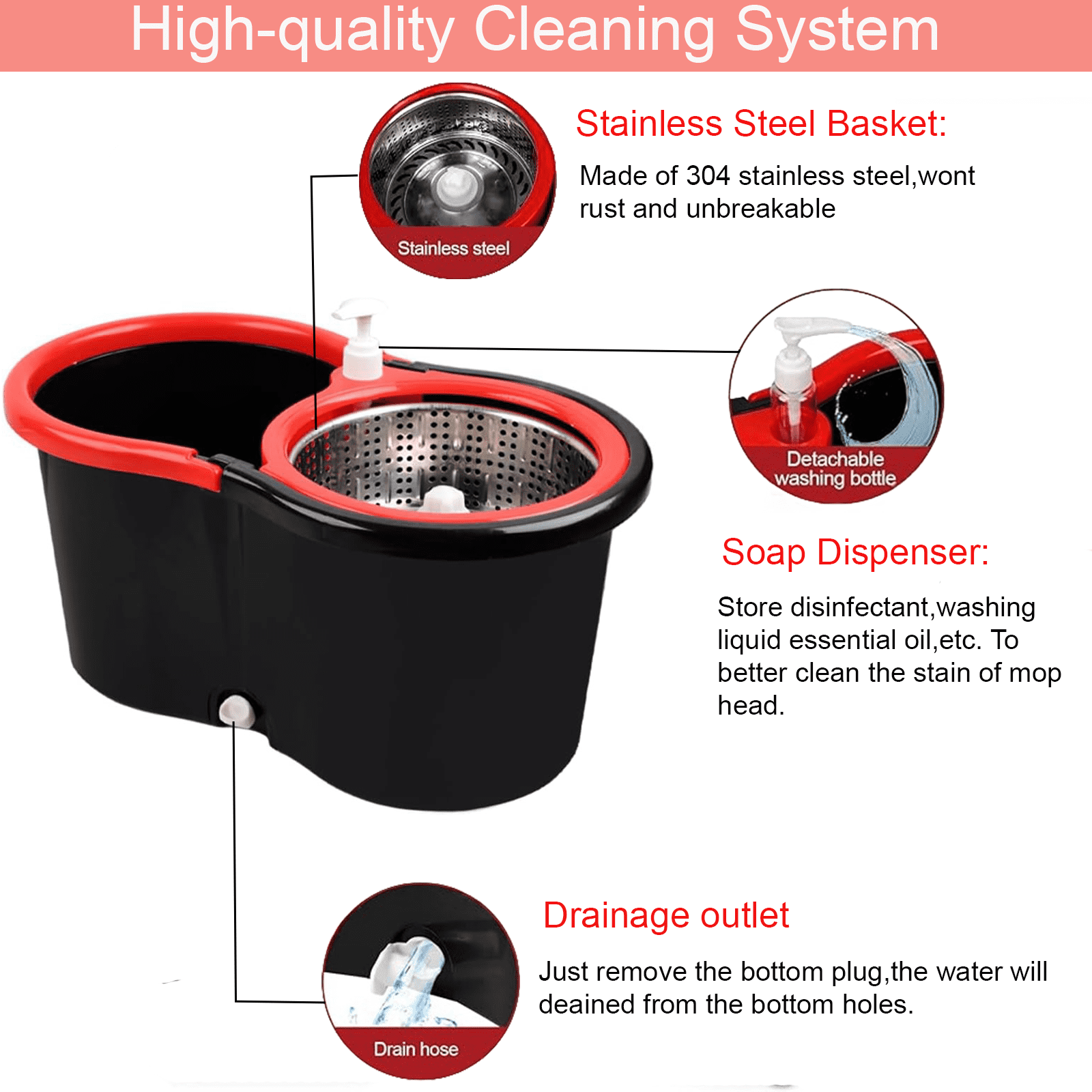 Stainless Steel Spin Mop And Bucket With Wringer Set, 360° Spinning Mop Bucket Floor Cleaning System With 4 Microfiber Mop Replacement Heads