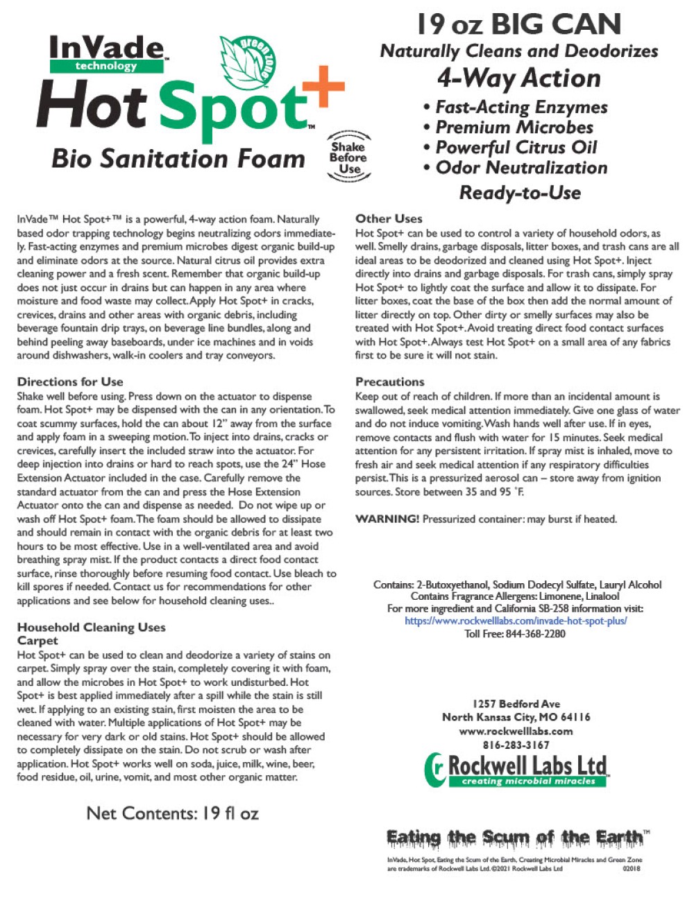InVade Hot Spot+Plus Bio Sanitation Aerosol Foam - Fast-Acting Enzymes Digest Organic Debris - 19 oz Aerosol Can by Rockwell Labs