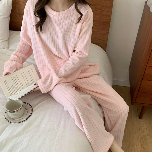 Solid Women Pajamas Set Winter Sleepwear Fleece Velvet 2 Piece