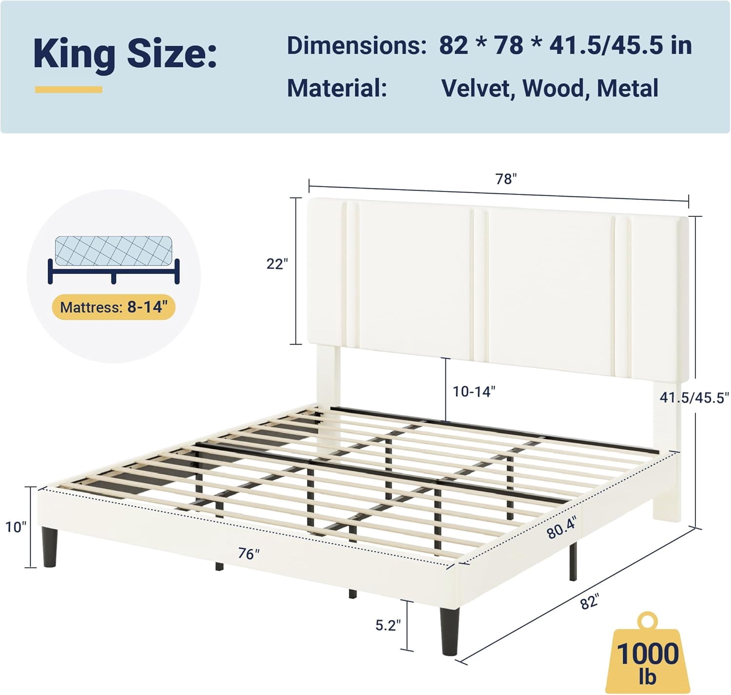 Allewie King Platform Bed Frame with Adjustable Headboard, Plush Velvet Upholstered, Vertical Channel Tufted, Sturdy Wooden Slats, No Box Spring Needed, Easy Assembly, Cream