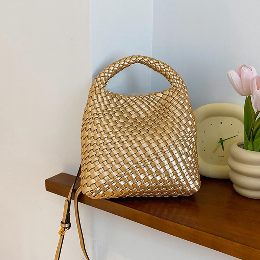 CAILDANL Woven Leather Bags for Women Knoted Women Handbag Designer Shoulder Bucket Purse Handmade Fashion Tote Hobo Bag Small