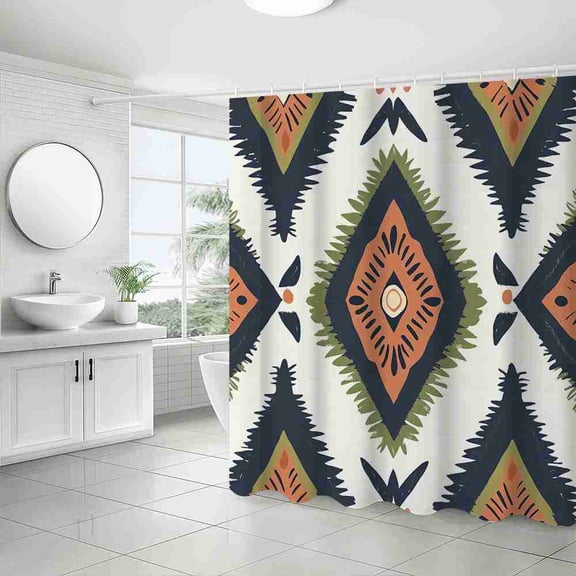 70x70 inch Navy Orange and Green Boho Geometric Diamond Shower Curtain, Waterproof Polyester Fabric with Hooks for Bathroom Decor