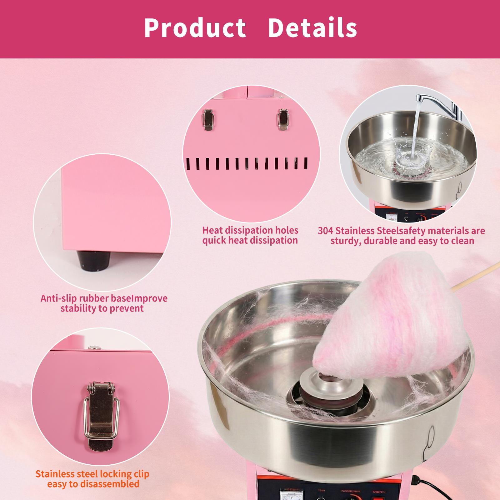 Commercial Cotton Candy Machine, 1000W Electric Candy Floss Maker with 15" Stainless Steel Bowl Sugar Scoop, 149℉-473℉ Adjustable Temperature for Home, Carnival, Kids Birthday, Family Party, Pink