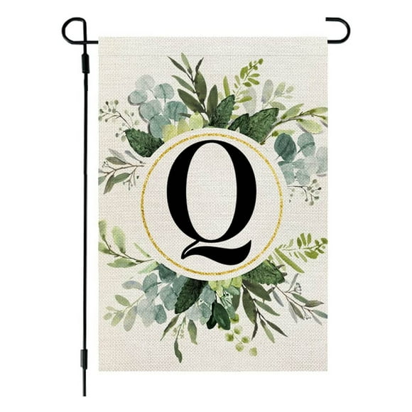 Qonioi Ins Style Garden Flag, 26 Letters Green Printing Flax Hanging Flag, Double Sided Weather Resistant Decorative Flag for Courtyard Gate Porch Lawn
