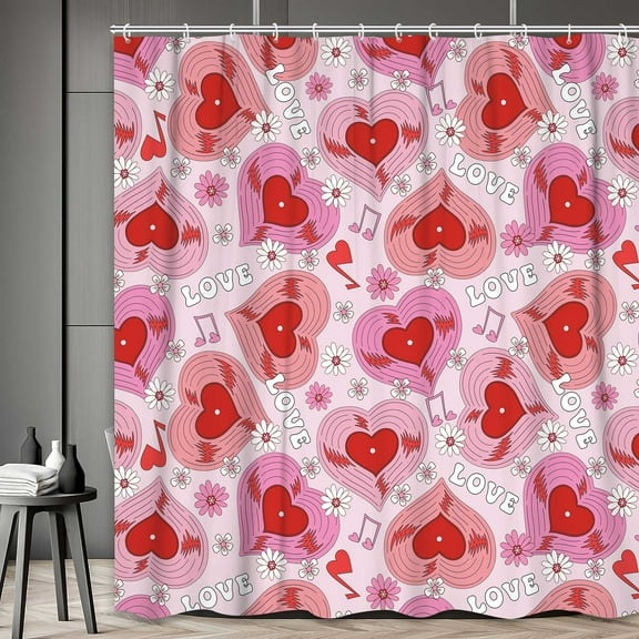 Pink Valentine's Day Shower Curtain, Cute Hippie Heart Love Music Notes Vinyl Record Bathroom Accessories, Geometric Heart Design Happy Valentines Bathroom Decor Set with Hooks, 72X72in