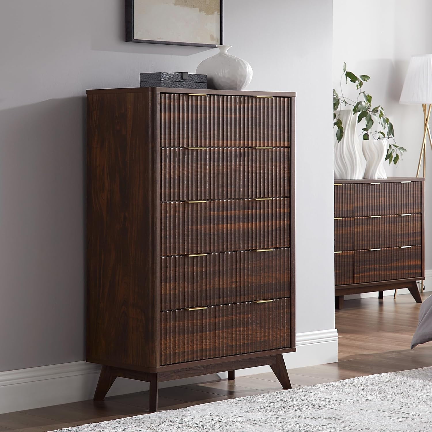 OKD 5 Drawer Dresser for Bedroom with Faux Marble Top, Modern Wood Chest of Drawers, Dresser Organizer, Dark Walnut