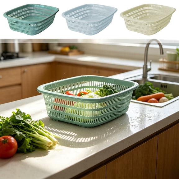 Large Rectangular Plastic Basket with Drain Holes, Multi-Purpose Kitchen Storage Organizer, Sturdy Container for Vegetables, Fruits, Bread, Pantry Sundries and Household Grocery Sorting