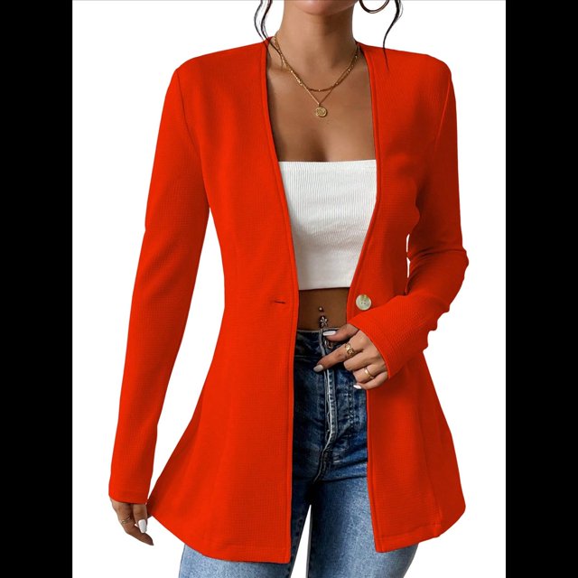 Chaqueta de Traje Informal de Oficina para Mujer, de Larga, con un Botón y Abertura Frontal, con Diseño de Gofre Gran Rojo M