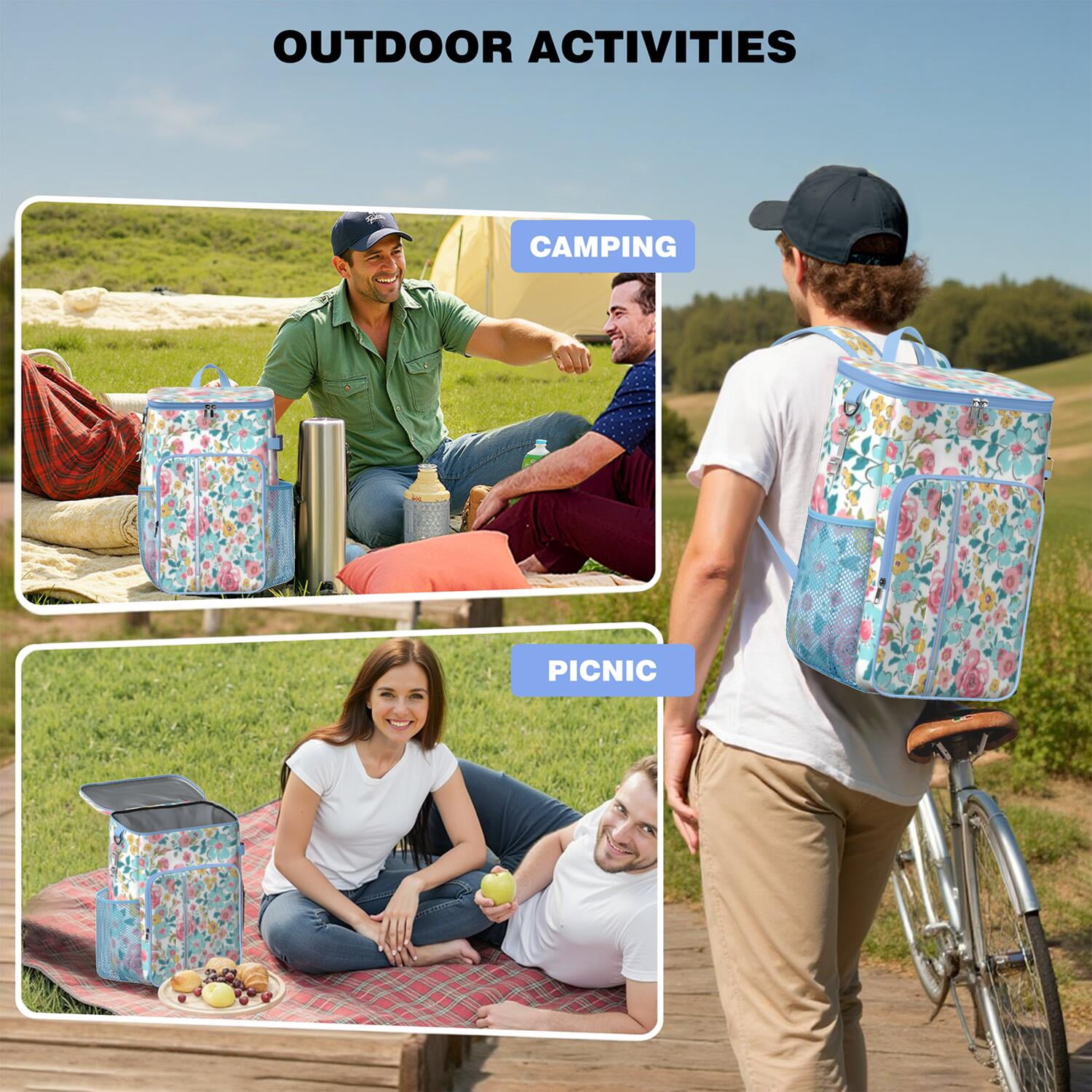 Travel Cooler Bag - Pioneer Flower Floral Print Pattern Camping Beer Cooler Backpack with Bottle Opener- Waterproof Insulated Picnic Backpacks - Cooler Bag for Beach