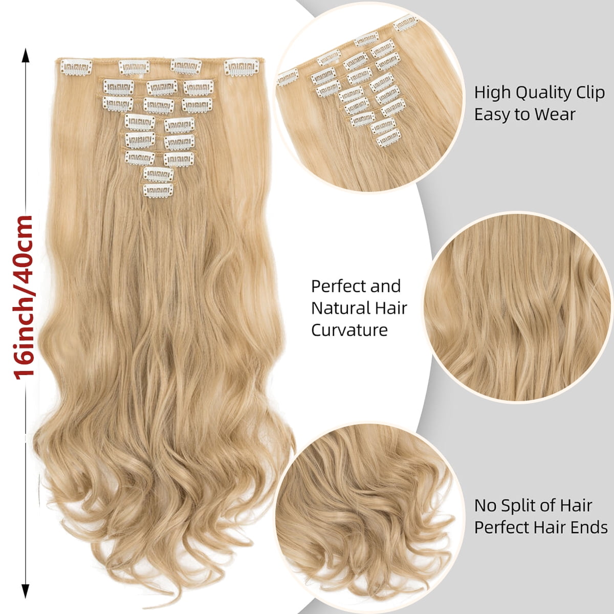 Hairro Clip inHair Extensions for Women, 8 PCS 18 Clips #Blonde Hair Extensions, Thick Hairpieces Wavy Hairpieces, Soft Hair & Blends Well, Long Wavy (17inch, 8pcs)