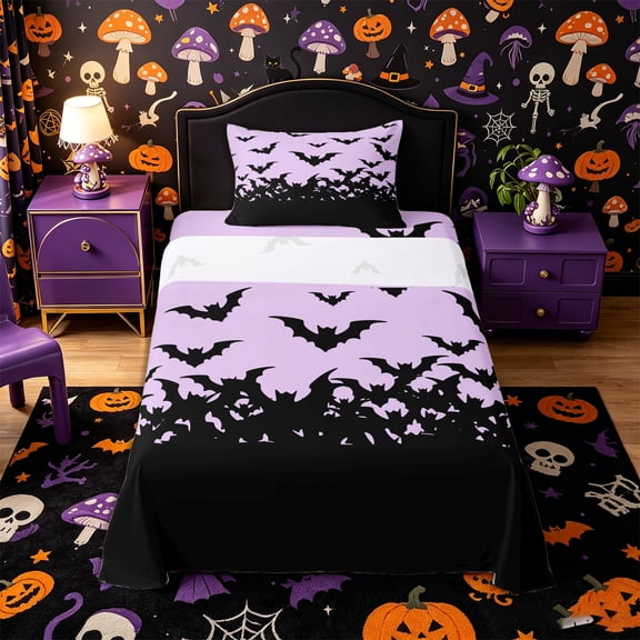 Manfei Halloween Spooky Flying Bat Twin Sheets 3pcs, Festival Theme Bedding, Purple Black,1 Fitted Sheet, 1 Flat Sheet and 1 Pillowcase