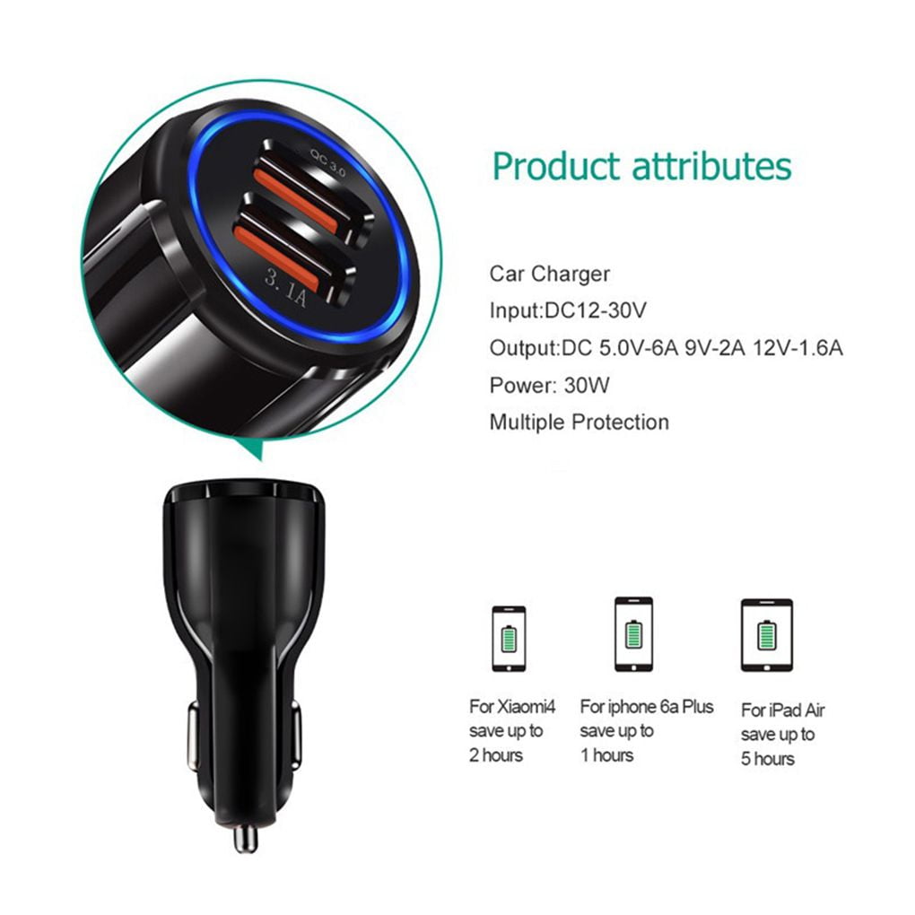 Linyer Quick Charge 3.0 Car Charger 2 Ports USB Qualcomm QC Fast Dual  Adapter For Phone Black 