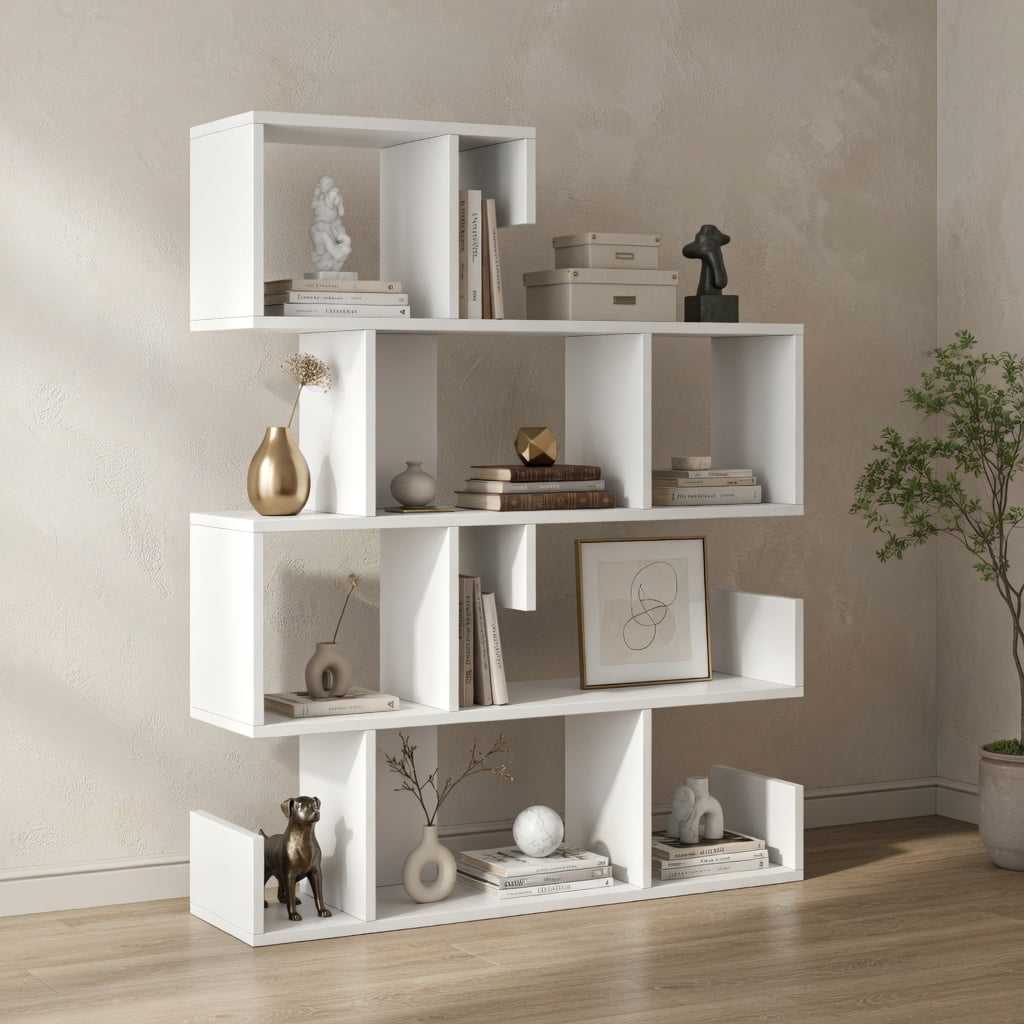 Topcobe 5-Tier S-Shaped Bookshelf Geometric Z-Shelf Bookcase with Open Cubes, Corner Bookshelf Modern Book Case for Books, CDs, Movies, White