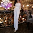thumbnail image 5 of LEKODE Women Strapless Feather Tube Top Jumpsuit, Belted Straight Long Pant Romper for Wedding Guest Evening Outfit womens summer outfits White L, 5 of 9