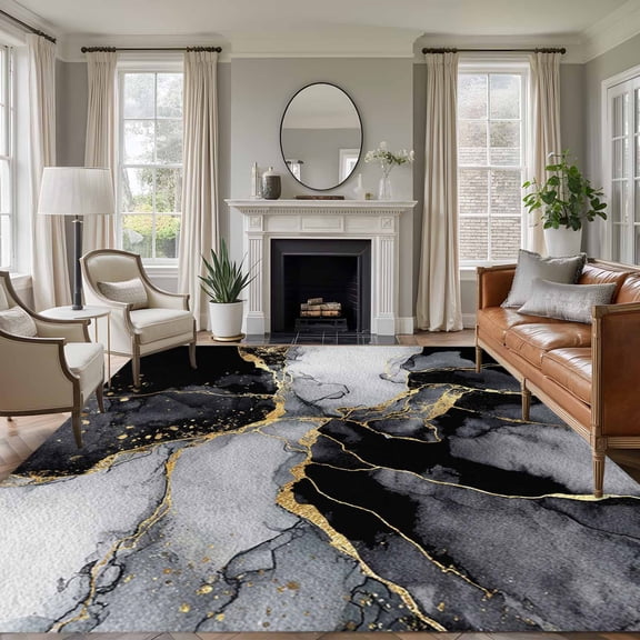 Area Rug for Living Room, Black Grey Marble Non-Slip Indoor Large Carpet for Bedroom/Dining Room, Modern Gradient Abstract Aesthetic Washable Low-Profile Rectangle Floor Runner Rugs - 5 x 8 Ft