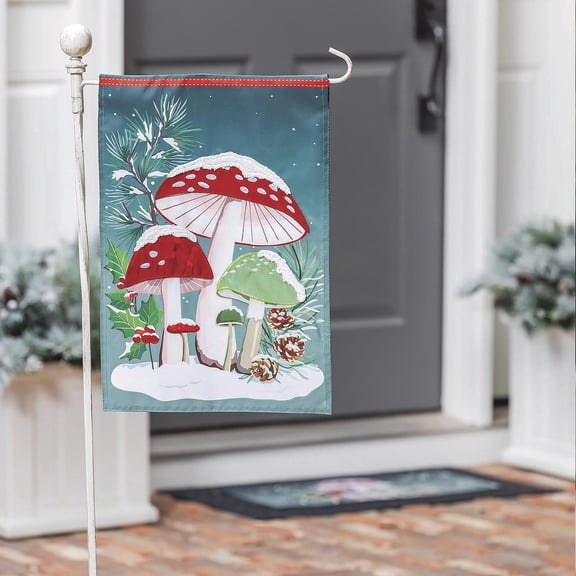 Evergreen Woodland Winter Mushroom Applique Garden Flag 12 x 18 Inches Indoor Outdoor Decor
