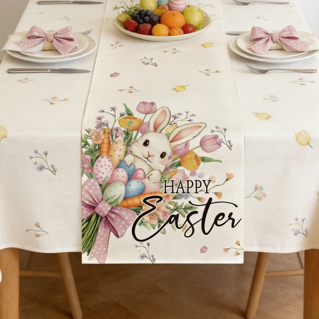 Sokhug Easter Table Runner Spring Themed with Rabbits Eggs, Linen Material Holiday Home Dining Decor, 13x47 in