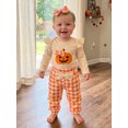 thumbnail image 5 of Cjfdfynewborn Baby Girl Halloween Outfit Pumpkin Ghost Embroidered Romper Plaid Pants And Bow Headband Three Piece Set Infant Cute My First Halloween Fall Winter Outfit, 5 of 9
