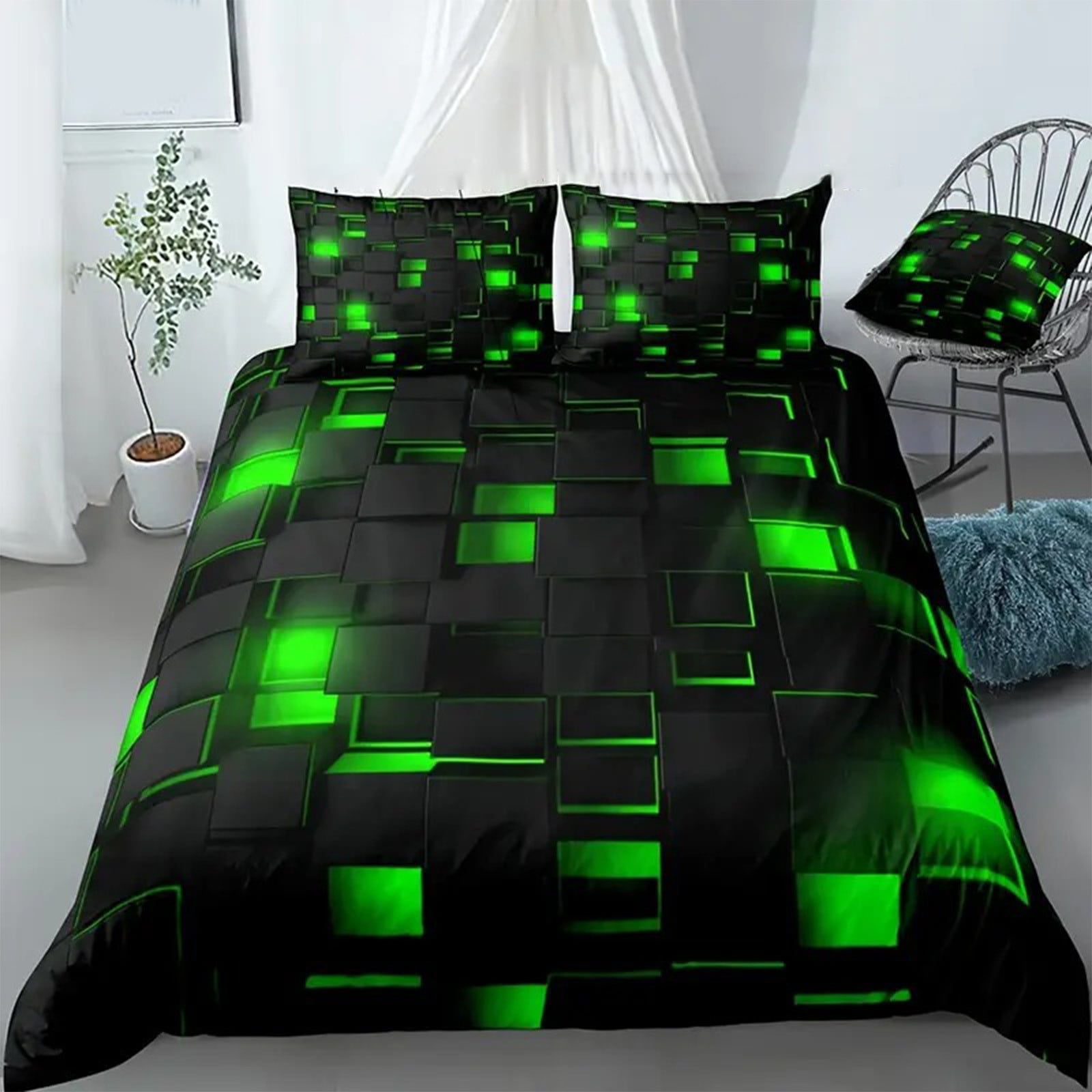 Taotanxi Blue and Black 3-Piece Full Size Light Geometric Comforter Set for Kids Boys Girls Geometry Decor Comforter Modern Style Duvet Set,x1 Quilt Cover, x2 Pillowcases